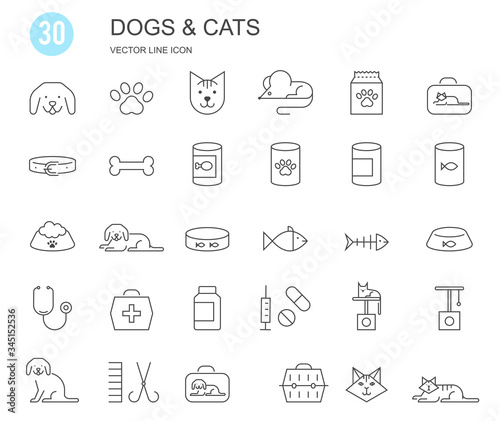 Pet shop, types of pets. Set of flat vector icons with a thin line.