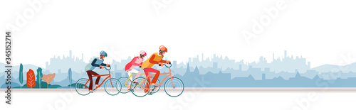 Cyclists chase the leader of race. Head of peloton vector illustration. Cycling in nature or city.Three cyclists going away from pursuers. Group of bikers at professional race for bike rally event