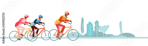 Cyclists chase the leader of race. Head of peloton vector illustration. Cycling in nature or city.Three cyclists going away from pursuers. Group of bikers at professional race for bike rally event