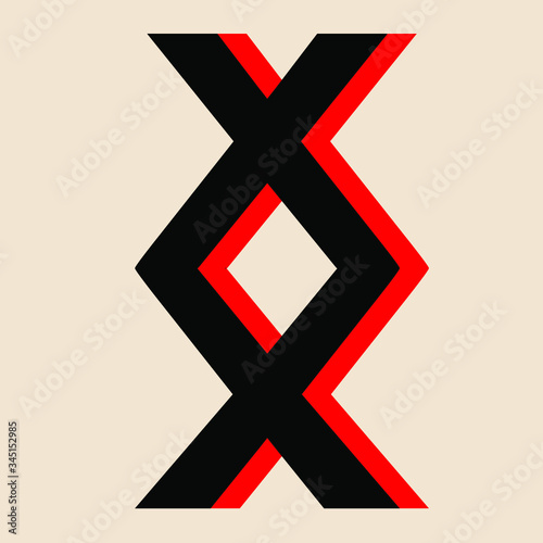 Scandinavian ancient magic symbol rune inguz. The symbol is black and red isolated. The symbol is made in a flat style, suitable for icons and buttons.