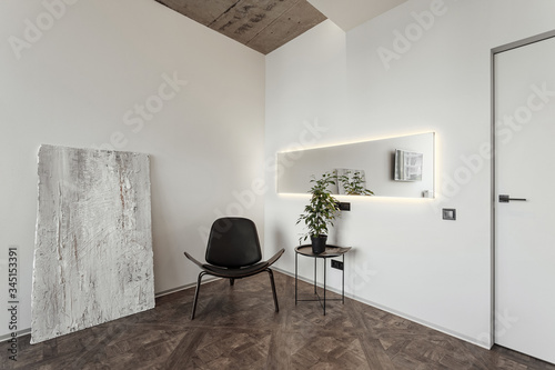 The corner of the room with white walls where you can see the chair, the mirror and the elegant floor with a room plant. fragment of concrete wall