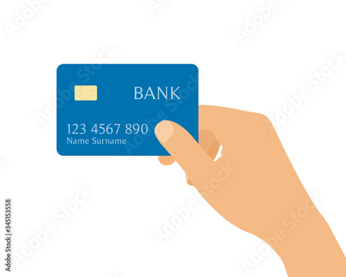 Flat design cartoon illustration of manager or customer hand with payment or credit card. With the inscription Bank, number and name, surname. Isolated on white background, vector