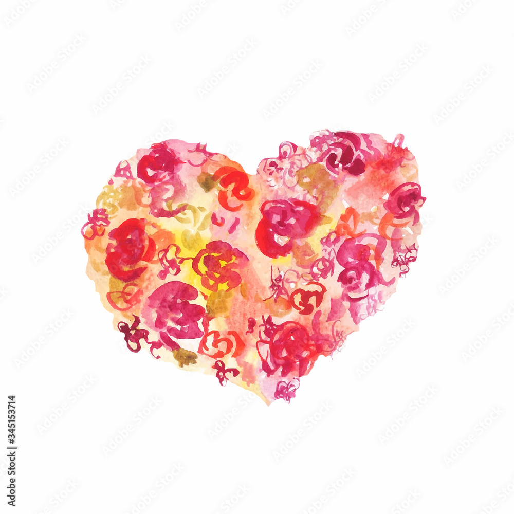 Watercolor hand drawn flowers floral collection with red yellow pink colors in the shape of a heart design for invitation or greeting cards mom's day art