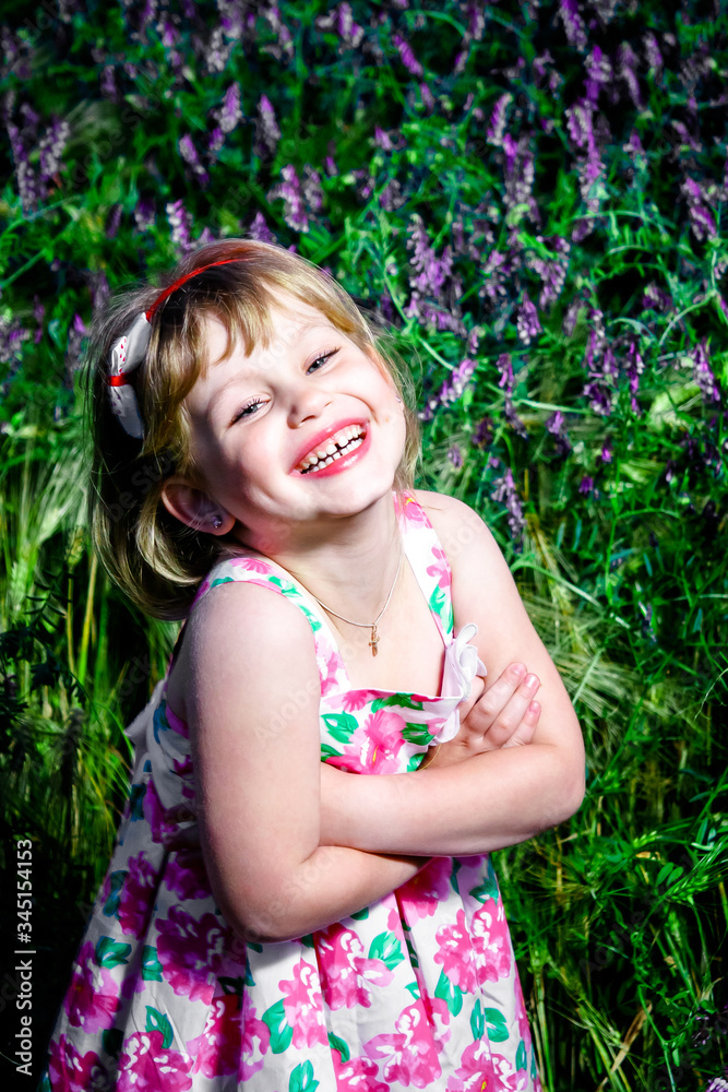 girl in a sundress in the evening field girl in a sundress in the evening field