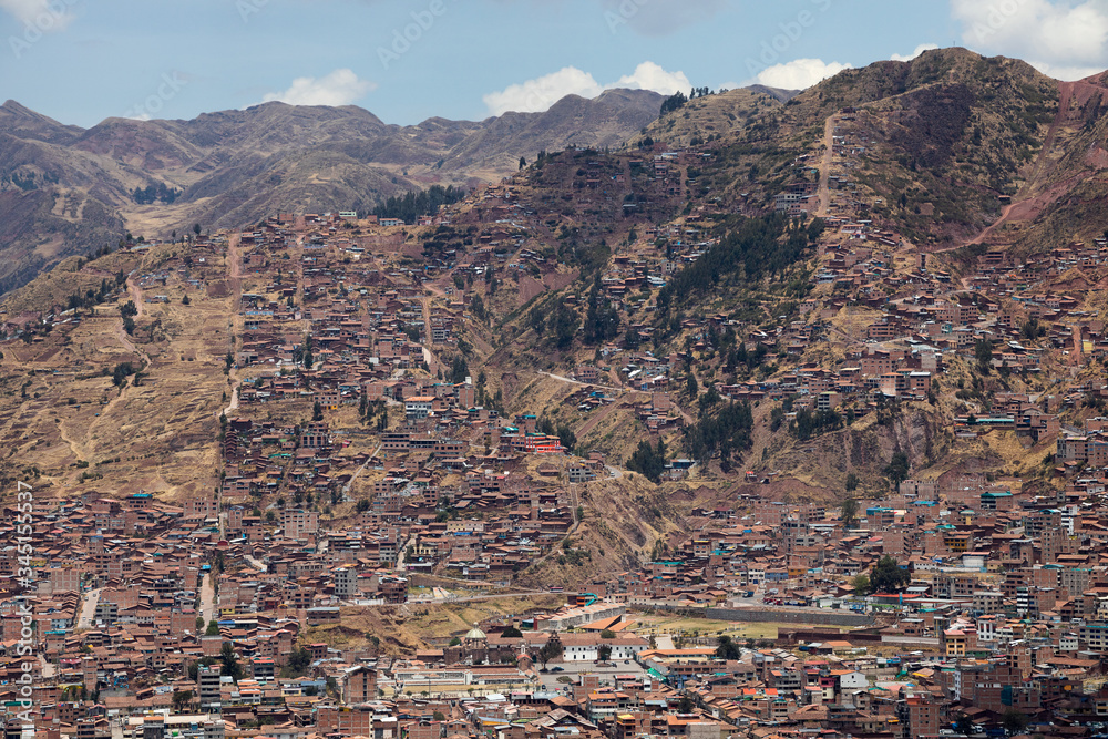 View on the city of Cusco and surrounding hills.