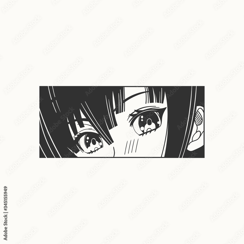 Vecteur Stock Close up of Asian female Eyes look. Black and white Manga  style. Japanese cartoon Comic concept. Anime character. Hand drawn trendy  Vector illustration. Rectangle frame. Isolated on white background |