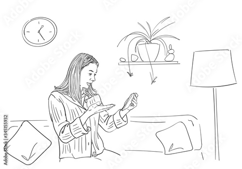 Young woman talking video call on smartphone, sitting on sofa in comfortable home atmosphere, self isolation at coronavirus quarantine time, Hand drawn linear illustration Vector sketch