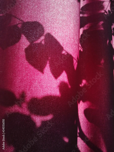 The shadow of the leaves on the pink curtains.