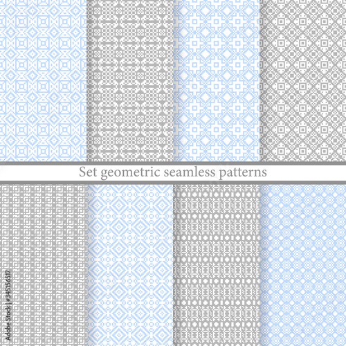 Set geometric seamless patterns. Abstract geometric backgrounds grey and blue colors. Vector illustration. Collection repeating textures. Elegant ornament. Design paper, wallpaper, textile, print.