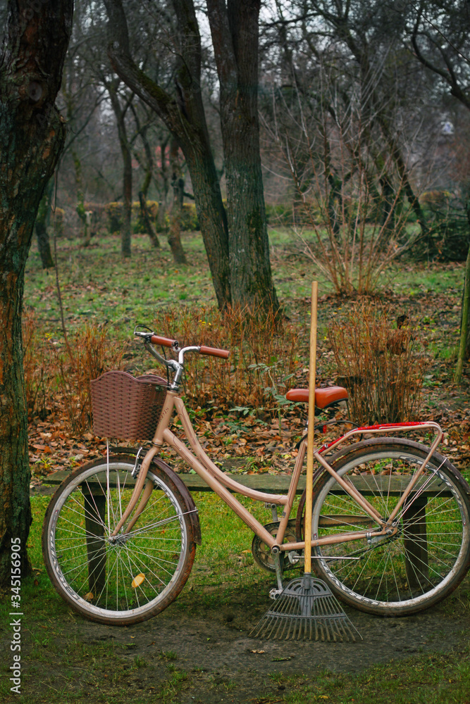 Old bike and brooms. Retro styled image with a bicycle and garden tools