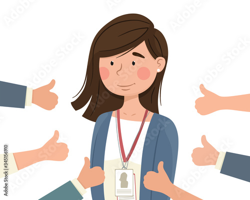 Happy young girl surrounded by hands with thumbs up. A girl in public recognition and respect, successful. Concept. Vector illustration in cartoon flat style.