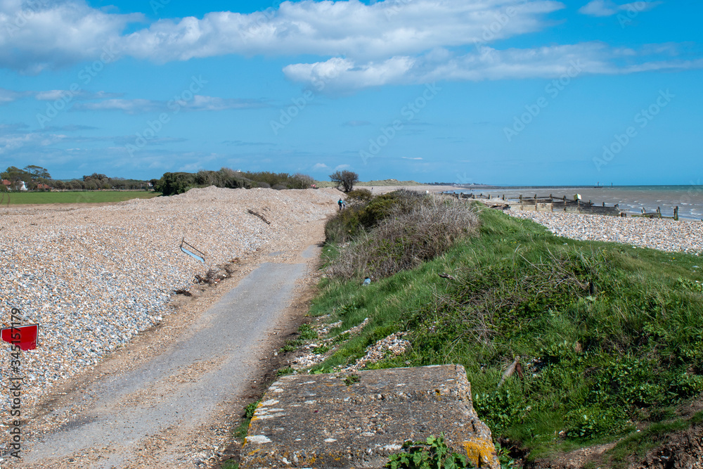 View of the new sea defence situated behind the old defence at Climping Beach, West Sussex which was battered by winter storms.