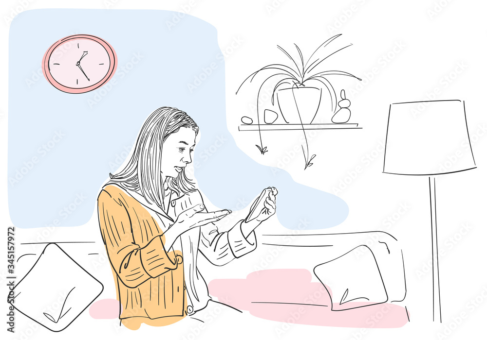 Naklejka premium Young woman talking video call on smartphone, sitting on sofa in comfortable home atmosphere, self isolation at coronavirus quarantine time, Hand drawn illustration Vector sketch