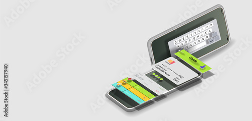  Interface of a mobile application for the sale of home goods and a numeric keypad in space