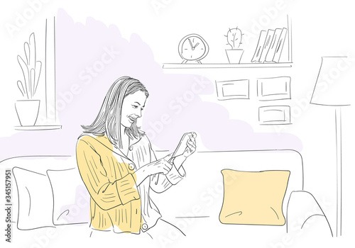 Woman using tablet and smile, sitting on sofa in comfortable relaxing home atmosphere, self isolation at coronavirus quarantine time, Hand drawn illustration Vector sketch