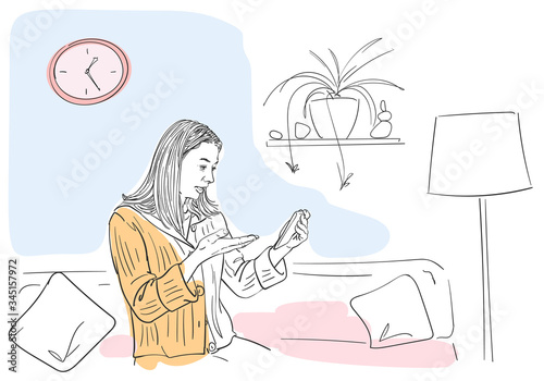 Young woman talking video call on smartphone, sitting on sofa in comfortable home atmosphere, self isolation at coronavirus quarantine time, Hand drawn illustration Vector sketch