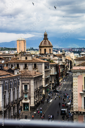 City of Catania, Italy. Etna, volcano in the sky of Sicily, Sicilian town traveling to the Mediterranean