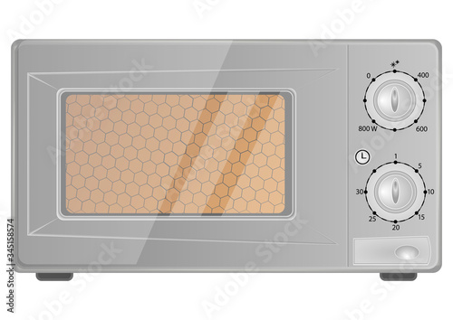 Realistic microwave oven in grey color. Household appliance to heat and defrost food, for cooking, with timer and buttons. Modern microwave icon isolated on white background. Vector