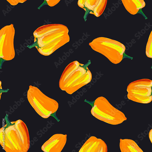 Colorful yellow pepper pattern. Hand drawn ornament on a dark grey background. Bright fresh vegetable. Seamless pattern of yellow paprika on a dark background. Juicy appetizing pattern. Drawn by hand