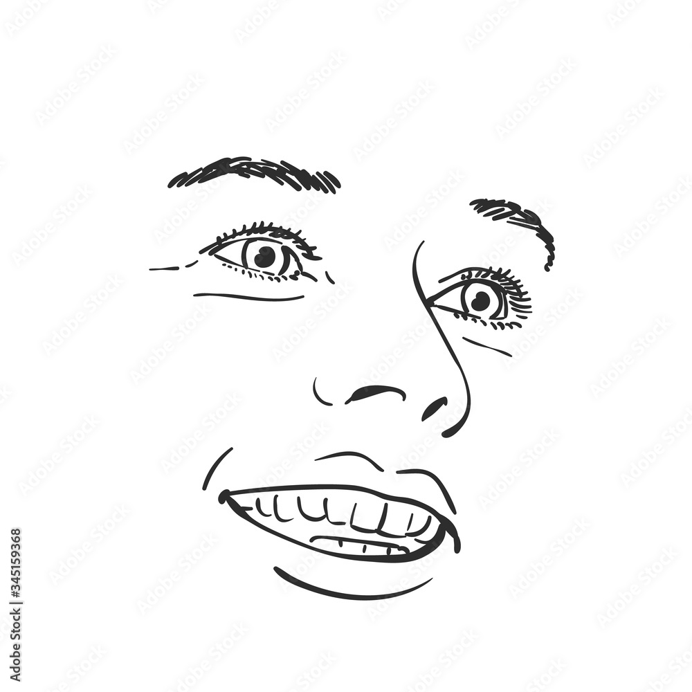 Face of happy smiling woman, Vector sketch Hand drawn illustration isolated Face of happy smiling woman, Vector sketch Hand drawn illustration isolated