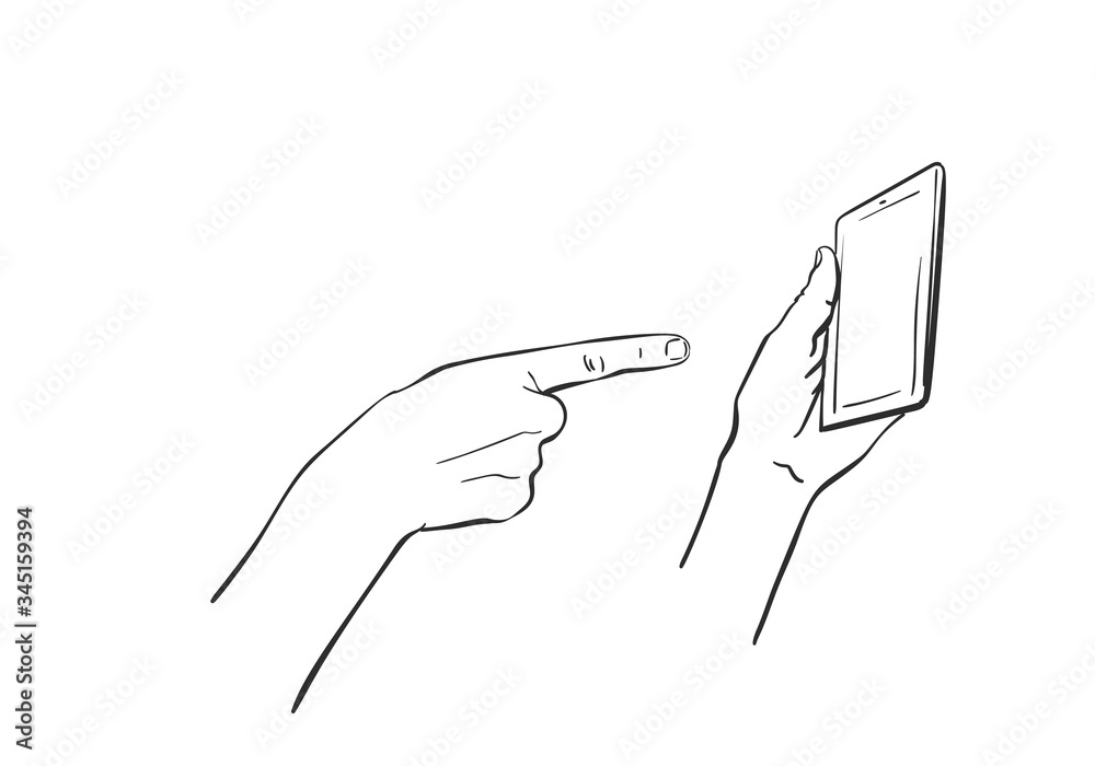 Sketch of hand holding tablet and finger pointing, Hand drawn vector line art illustration isolated on white background