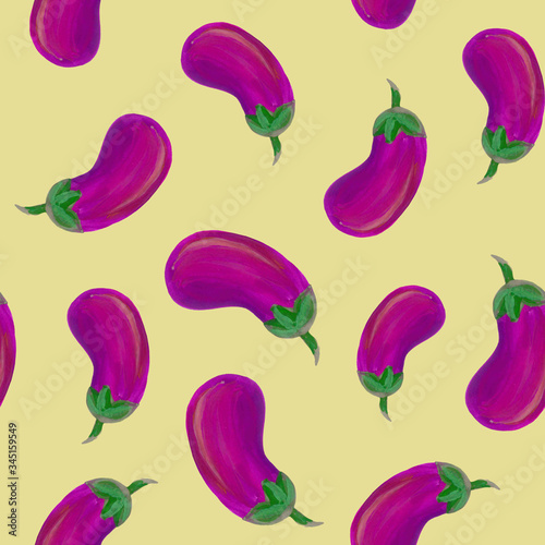 Colorful eggplant pattern. Hand drawn ornament on a yellow background. Bright fresh vegetable. Seamless pattern of purple eggplant on a light background. Juicy appetizing pattern. Hand-drawn