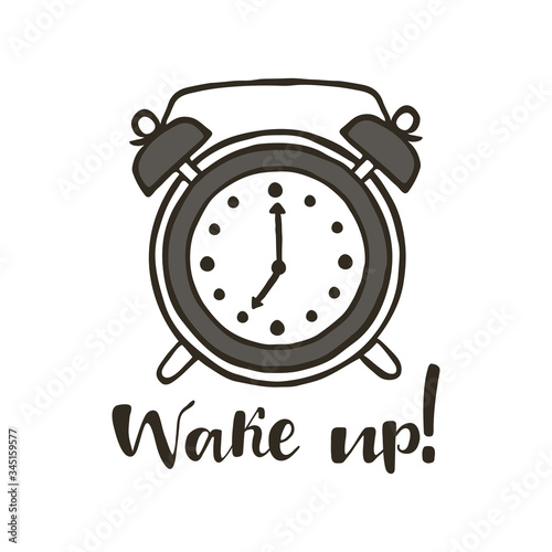 Retro alarm clock on white background. Wake up lettering. 