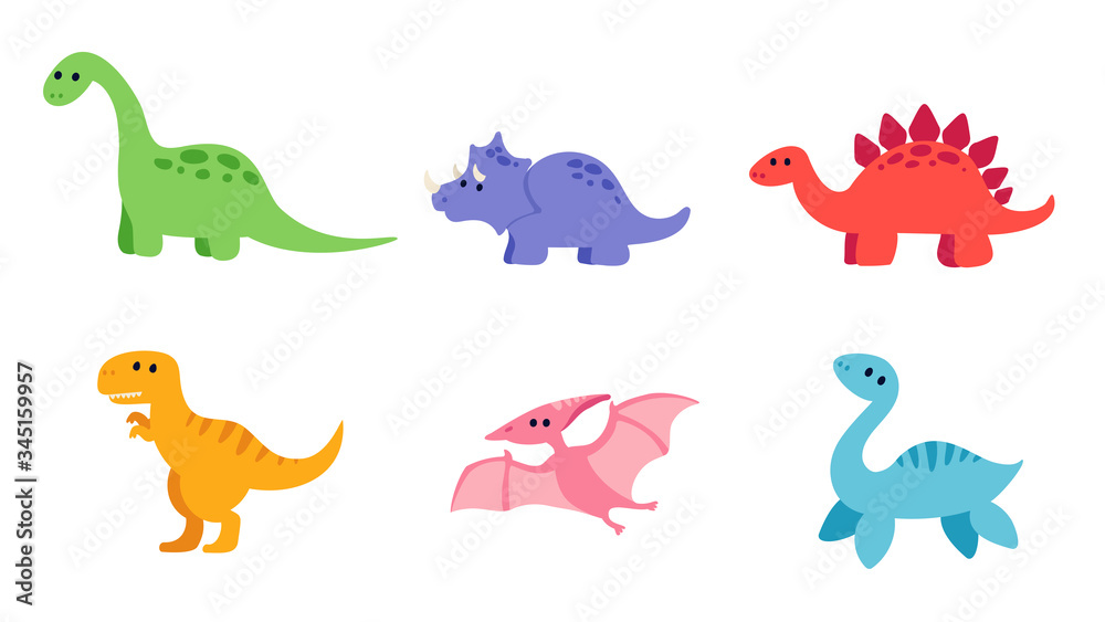 Set of cute dinosaurs: diplodocus, triceratops, stegosaurus, tyrannosaurus rex, pterodactyl and plesiosaurus