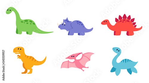 Set of cute dinosaurs: diplodocus, triceratops, stegosaurus, tyrannosaurus rex, pterodactyl and plesiosaurus © Jimena