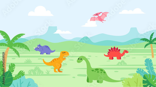 Cute dinosaurs in prehistoric landscape: diplodocus, triceratops, stegosaurus, tyrannosaurus rex and pterodactyl