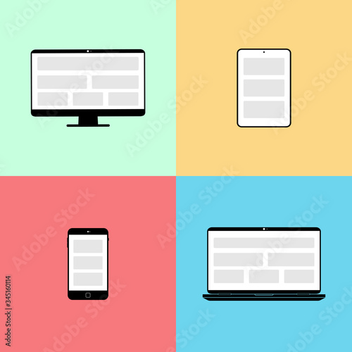 New device icon flat set in black smartphone, laptop, computer monitor, tablet on isolated background. EPS 10 vector