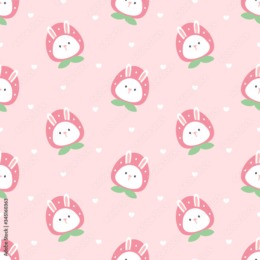 Cute rabbit with strawberry hat seamless pattern background