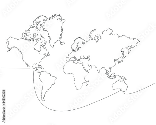 Fototapeta Naklejka Na Ścianę i Meble -  World map drawn in one line. Borders of the continents in vector graphic style. Trend stock image for infographics, presentations, business, delivery, politics and news.
