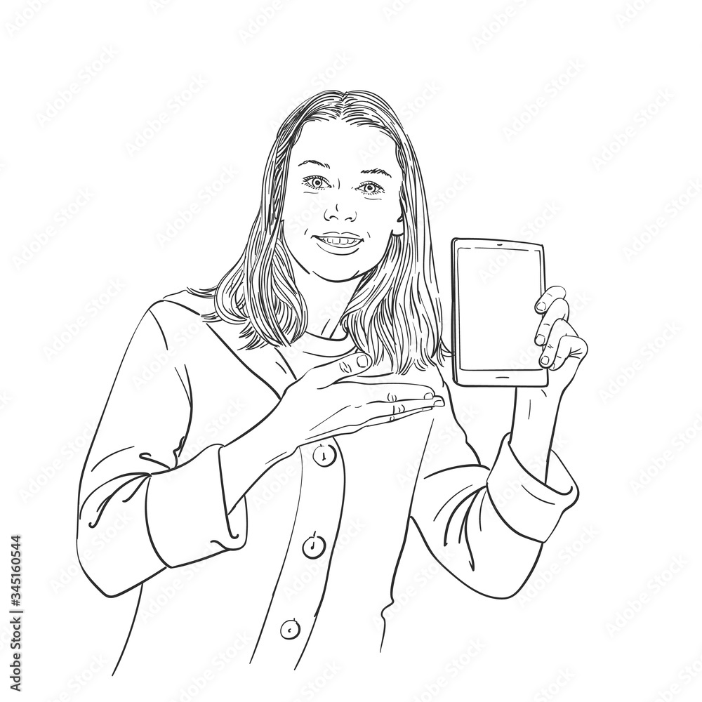Sketch of happy woman with long hair showing her tablet screen, Hand drawn vector linear illustration isolated Sketch of happy woman with long hair showing her tablet screen, Hand drawn vector linear illustration isolated