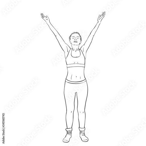 Sketch of woman doing yoga, standing with hands raising up, Hand drawn vector illustration isolated