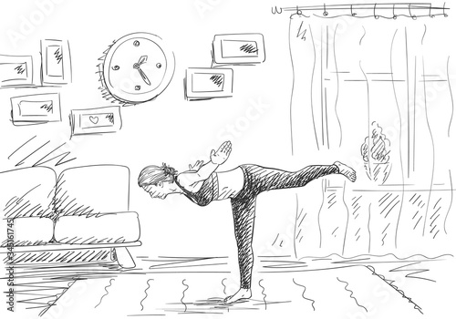 Woman doing yoga, Standing on one leg in living room, Self isolation at coronavirus quarantine time, Hand drawn illustration Vector sketch