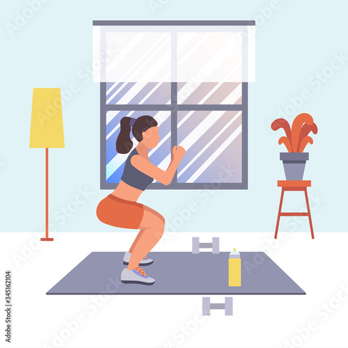 A girl is doing sport at home, pumps up the ass and legs by exercises. Vector flat illustration of fitness workout, training, sports activity, the gym at home in quarantine
