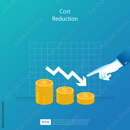 Cost reduction concept. decrease arrow and pointing finger vector illustration. Business template for banner, website or printing
