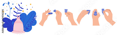 Menstruation theme to use menstrual cup. Sanitary protection for feminine period. Device for collection blood, zero waste. Personal hygiene.