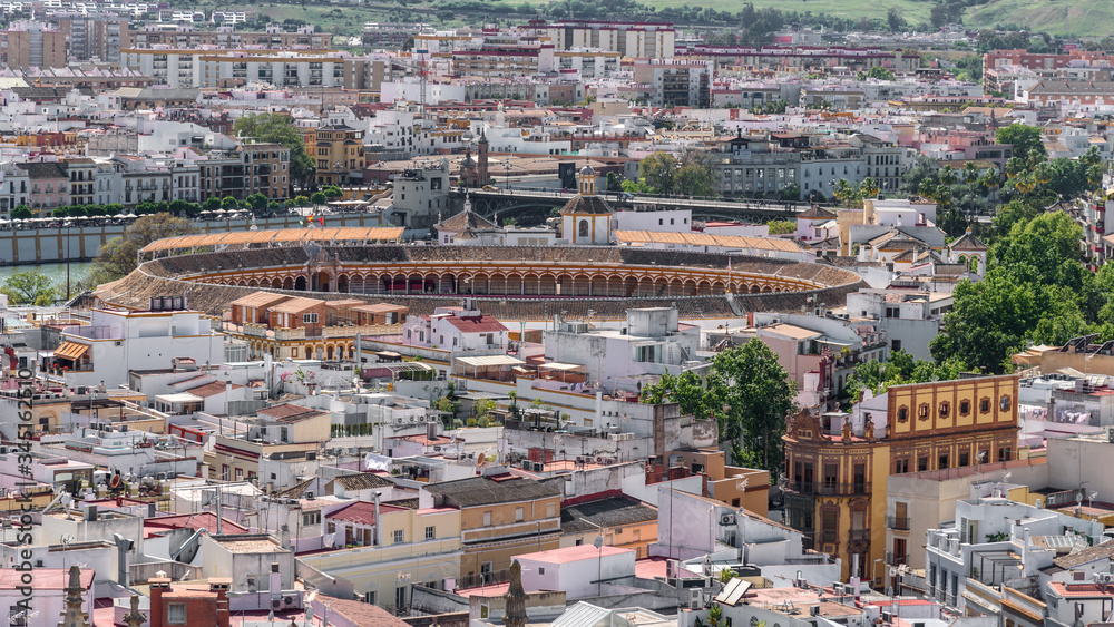 the bullfight arena from above.
aerial view of the bullfight arena in seville. andalucia, spain.