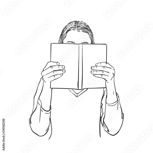 Girl is reading book, face hidden behind the book, vector sketch, hand drawn line art illustration isolated