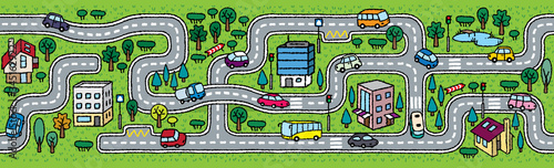 City horizontally seamless pattern. Roads, cars, grass areas background