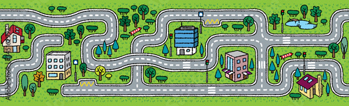 City seamless pattern. Roads with grass areas background