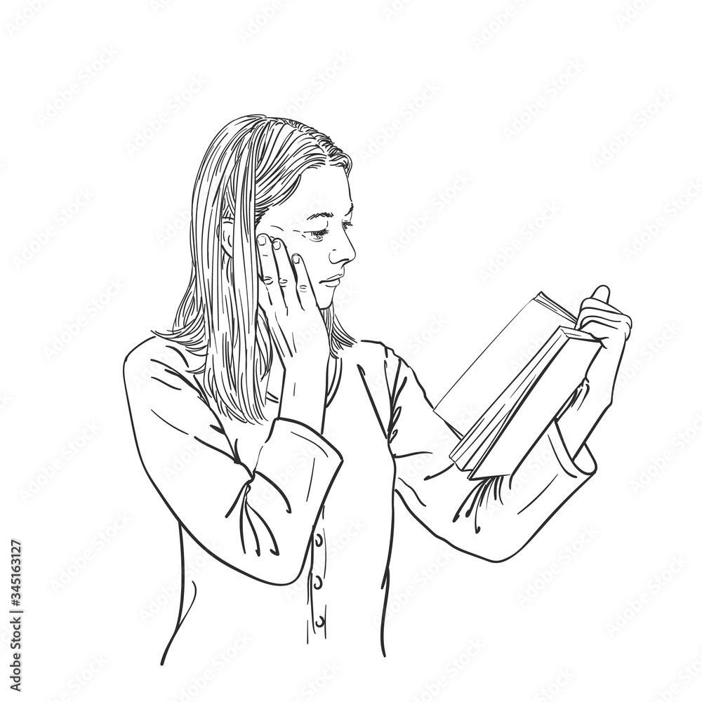 Girl is reading book and touching her cheek with her palm, vector sketch, hand drawn linear illustration isolated Girl is reading book and touching her cheek with her palm, vector sketch, hand drawn linear illustration isolated
