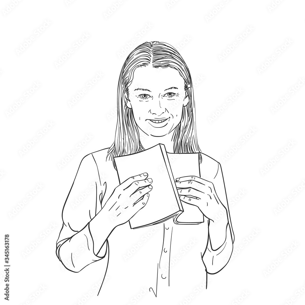 Young woman presses open book to herself, looks at camera and smiles, vector sketch, hand drawn linear illustration isolated Young woman presses open book to herself, looks at camera and smiles, vector sketch, hand drawn linear illustration isolated