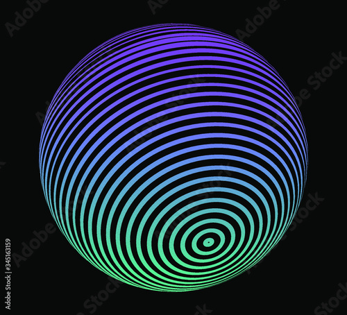 Neon glowing 3d sphere made of lines on dark background. Futuristic style illustration for tech related logotype template.