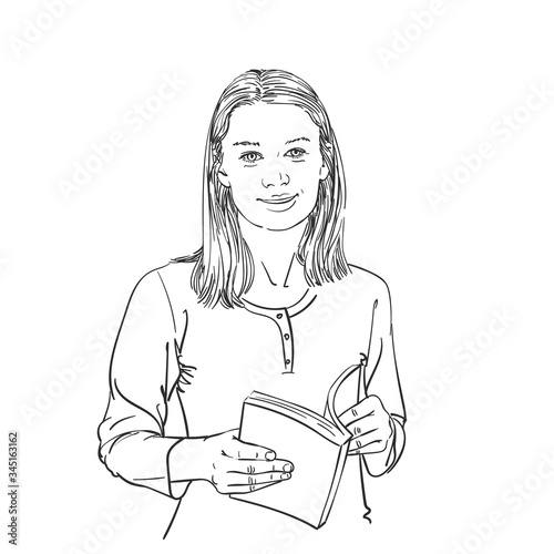 Girl with book in hand looking at camera and smiling, vector sketch, hand drawn linear illustration isolated