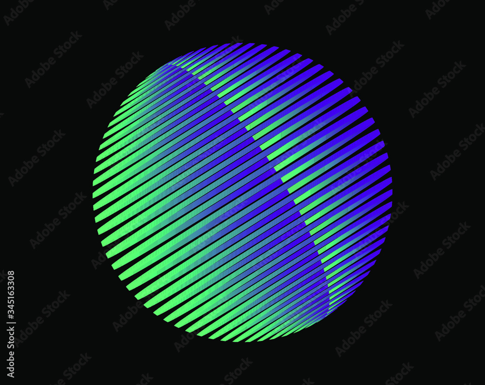 Neon glowing 3d sphere made of lines on dark background. Futuristic style illustration for tech related logotype template.