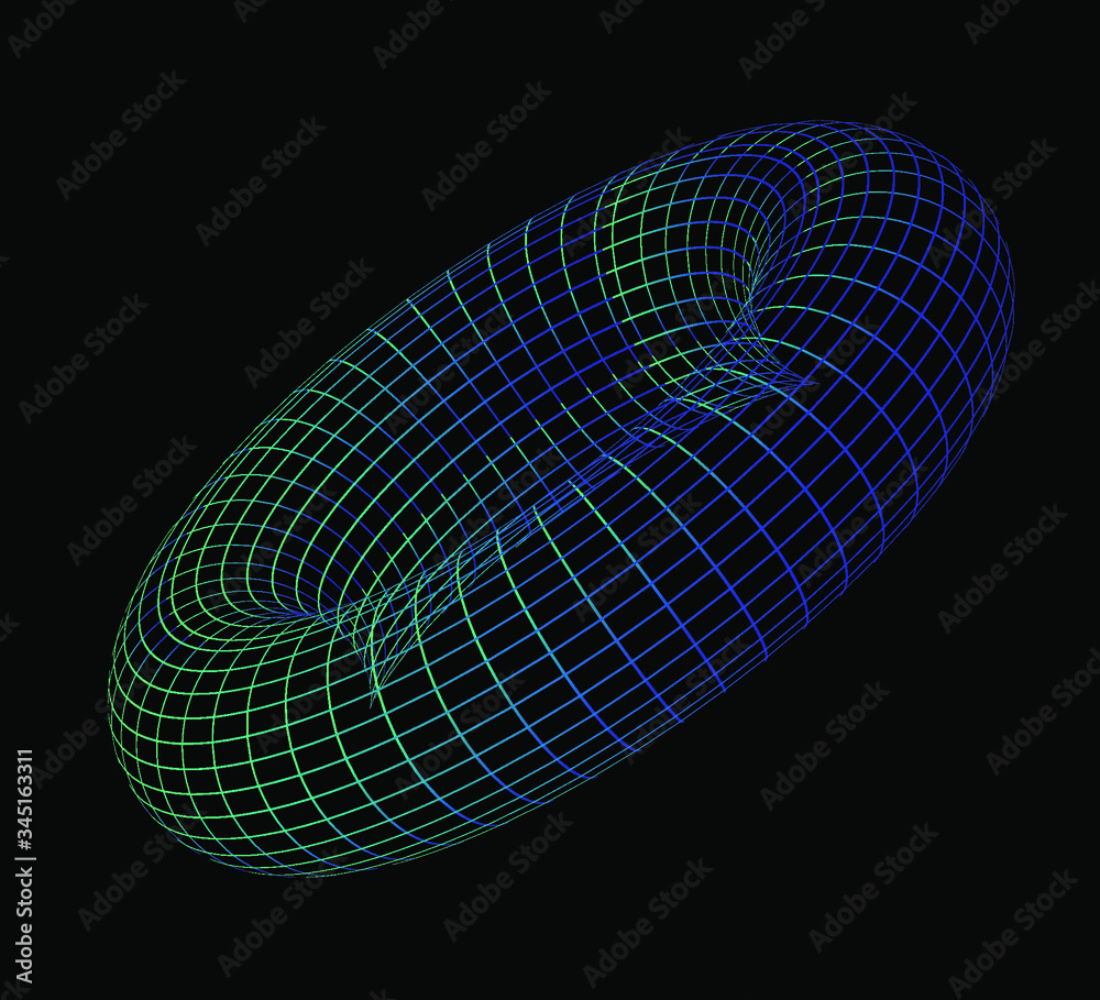 Glowing neon torus made of wireframe. Concept of  homeomorphism and homotopies in Topology.