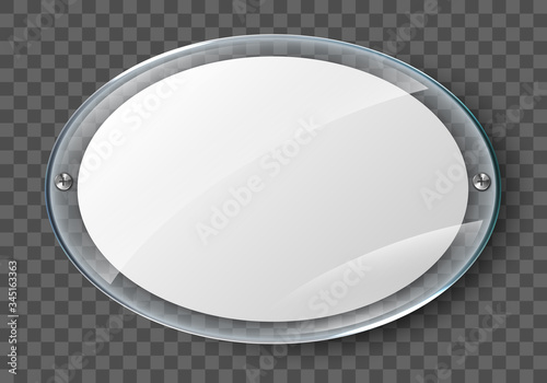 Blank poster in realistic glass frame isolated on transparent background. Transparent wall acrylic photo poster with display frame